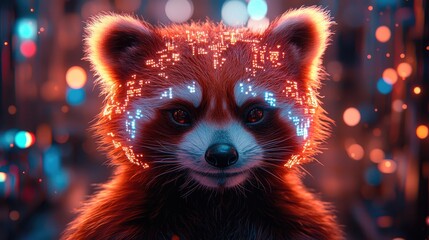 Wall Mural - digital red panda portrait with glowing circuitry