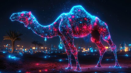 Wall Mural - futuristic neon camel in desert landscape