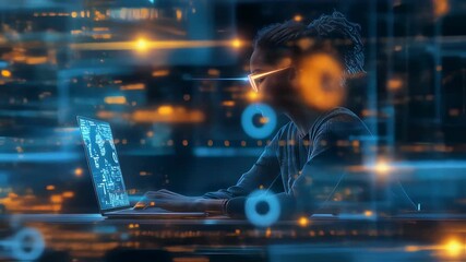 Woman coding on laptop surrounded by glowing data lines and futuristic interfaces, concept of digital technology.