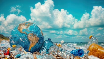 Wall Mural - a miniature globe rests amidst a distressing accumulation of plastic waste on a beach, symbolizing the planet's struggle with pollution against a backdrop of a serene sky.