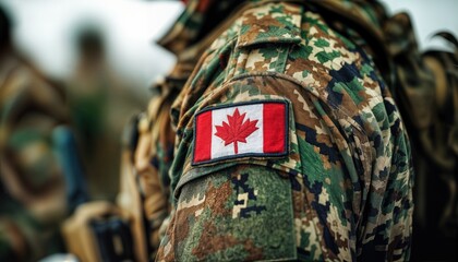 Wall Mural - a close-up view of a canadian forces uniform shoulder displaying the national flag patch amidst a blurred background of other soldiers.