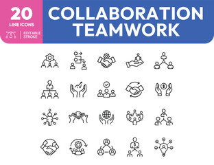  Set of 20 Collaboration and Teamwork Business Line Icons with Editable Stroke.