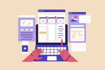 Digital Canvas Website Design Process with Laptop Interface Mockup and Wireframe Elements for UX Creation and Hand