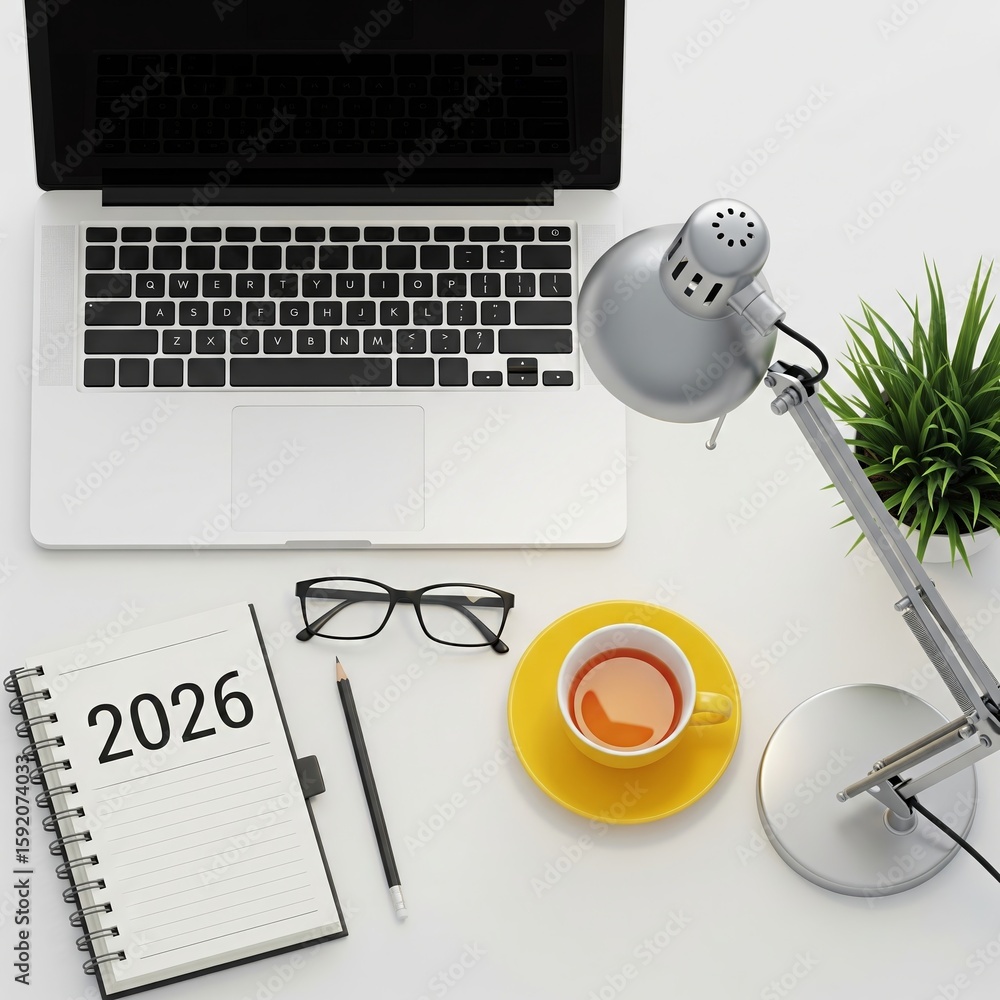 AI Generation Modern workplace without people Office notebook 2026 ...