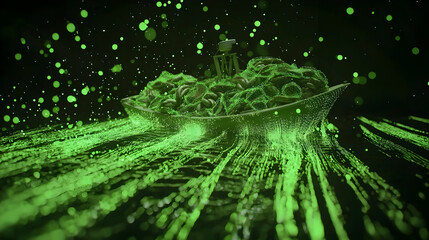 Wall Mural - Abstract digital art of food in a bowl, illuminated by glowing particles.  Green particles flow around and through a bowl filled with food
