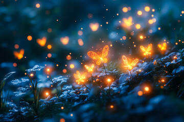 Wall Mural - Beautiful scene of a field of flowers with a group of lit-up butterflies flying around. The butterflies are scattered throughout the field, with some closer to the foreground and others further back