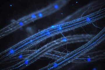 Wall Mural - blue glowing strands of fibers intertwining against a dark background showcasing intricate details o