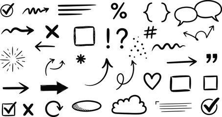 Hand drawn line chalk brush stroke arrow icon set. Chalk crayon underline, check mark, scribble and texture in rough hand sketch style. 