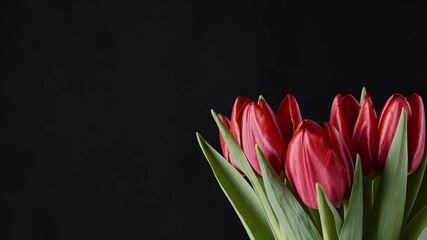 Wall Mural - Stunning 4K timelapse of vibrant red tulip flowers blooming against a dark background showcasing their transformation and beauty ideal for floral design gardening inspiration and natural elegance
