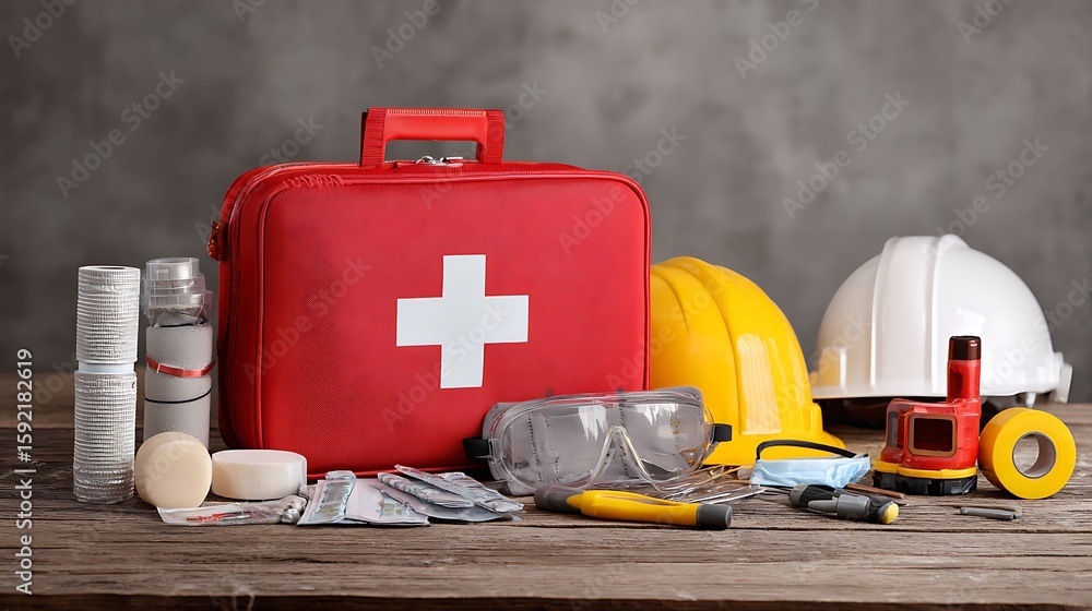 Protection First Aid First aid kit and safety equipment in a home, National Safety Month ...