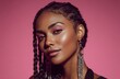 © Surachetsh - A confident beauty with braided hair and luminous pink makeup poses effortlessly against a serene pastel background.