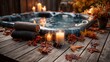 © Stock by Anindya - Relaxing autumn spa scene with candles, towels, and fall leaves surrounding a hot tub. .