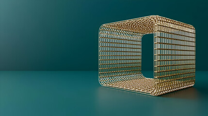 Wall Mural - Gold-toned, transparent, square frame structure on teal background.  A hollow,  geometric,  modern cube