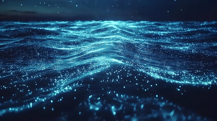 Wall Mural - Deep ocean waves shimmering with luminescent particles at night.  A digital rendering of a dark, blue, wavy surface, glowing with small, bright lights