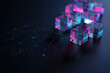 © Nahidhasan - A cluster of translucent cubes with neon pink and blue lights creates an abstract and futuristic geometric design