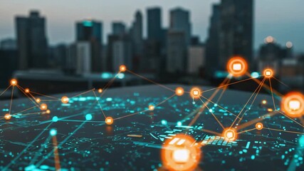 Wall Mural - futuristic smart city communication network concept. glowing data nodes and connections representing