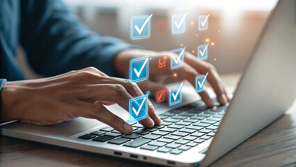 Hands are typing on a laptop with a checklist interface, representing task completion and verification