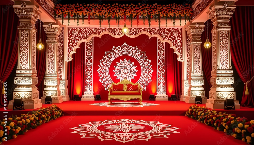 Traditional Bengali stage with red and white floral patterns, alpana artwork, and shankha decor