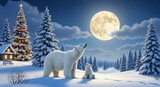 Polar bears howling under full moon in snowy winter landscape  