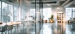 © SKIMP Art - Blurred modern office interior with glass walls and white tables for business background with copy space Abstract blurry virtual blurred working room panoramic view with office equipment Generative AI