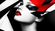 © Othello - Close-up portrait of a woman's face with bold red and black and white geometric shapes.