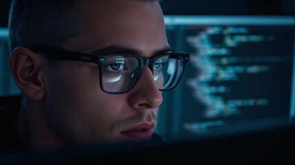 Focused Coder: Man in Glasses Coding on Screen in Dark Room
