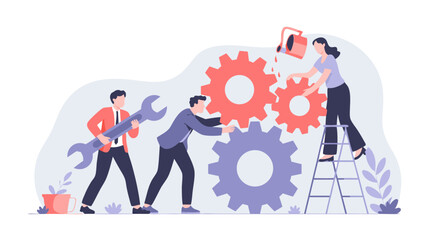 Vector SVG Illustration of People Working with Gears in Modern Flat Style with Bright Colors for Web and Business Applications