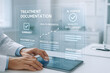 © TFU - Medical professional analyzing treatment documentation on a digital tablet interface showcasing patient health data and ai verification in a modern healthcare setting.