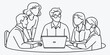 © MH HASIB - Business team meeting line art vector illustration. Minimalist group of professionals discussing around a table with a laptop. Concept of teamwork, collaboration, and modern office communication.