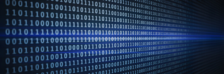 digital data stream of binary code 0s and 1s flowing across a dark blue technological background wit
