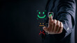 © IDOL'foto - Customer Satisfaction Concept. Businessman selecting positive feedback icon on digital interface to evaluate service quality, improve customer experience, and enhance company reputation