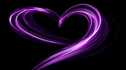 Wall Mural - Glowing purple light trails forming a heart shape on a dark background, created using motion effects and bright lines in an abstract composition. heart signal. Illustration