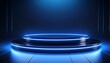 © Rigoberto - background podium 3d light neon blue platform stage product abstract scene background 3d podium dark pedestal room glow studio empty stand floor night modern circle show space display game led black