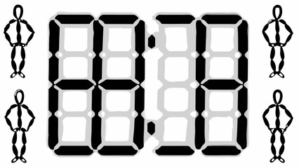 Wall Mural - Digital clock display with two columns of segmented numbers and stick figure outlines on either side drawn