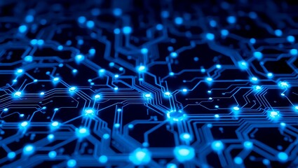 Illuminated blue circuit board pattern on a dark background with glowing connections and lines