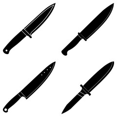 Illustration of four different types of knives with black handles and blades on a white background design