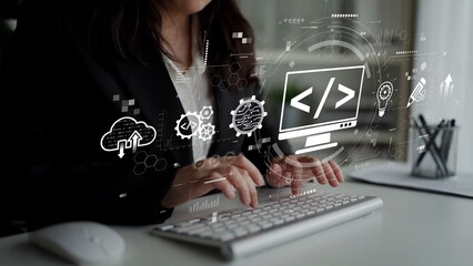 modern web development concept featuring coding symbols, web development process, web development in