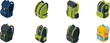 © Creative Stocker - Assortment of colorful backpacks displayed in isometric view blue green vector bundle collection set pack template elements icons clipart illustration editable flat minimal modern banner poster png ep