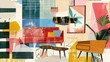 © Eireen - Abstract modern furniture mid-century collage interior scene with geometric shapes and textured background with paint splashes