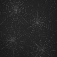 Dark, seamless spider web patterns with dew drops offer a nature-inspired, intricate texture design perfect for Halloween or a unique background illustration