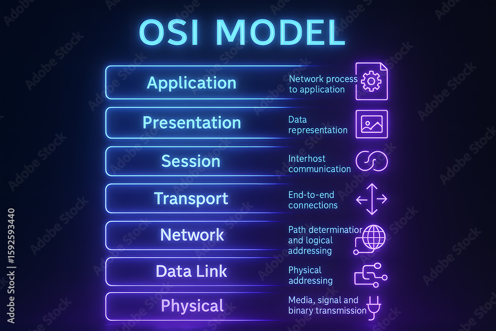 Neon OSI Model Stack Infographic with Network Layers for IT ...