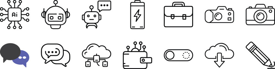 thin line technology, ai, cloud, camera and chat icons set