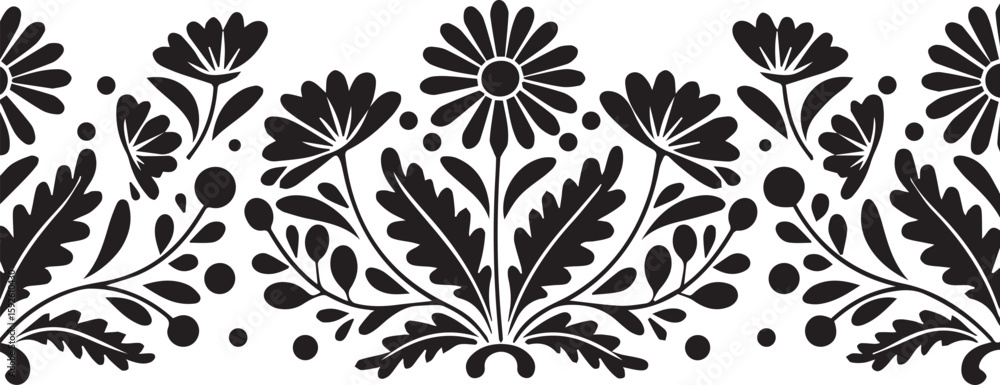 Scandinavian folk floral motif, horizontal divider with symmetrical daisies and leaves, Adobe Illustrator Artwork