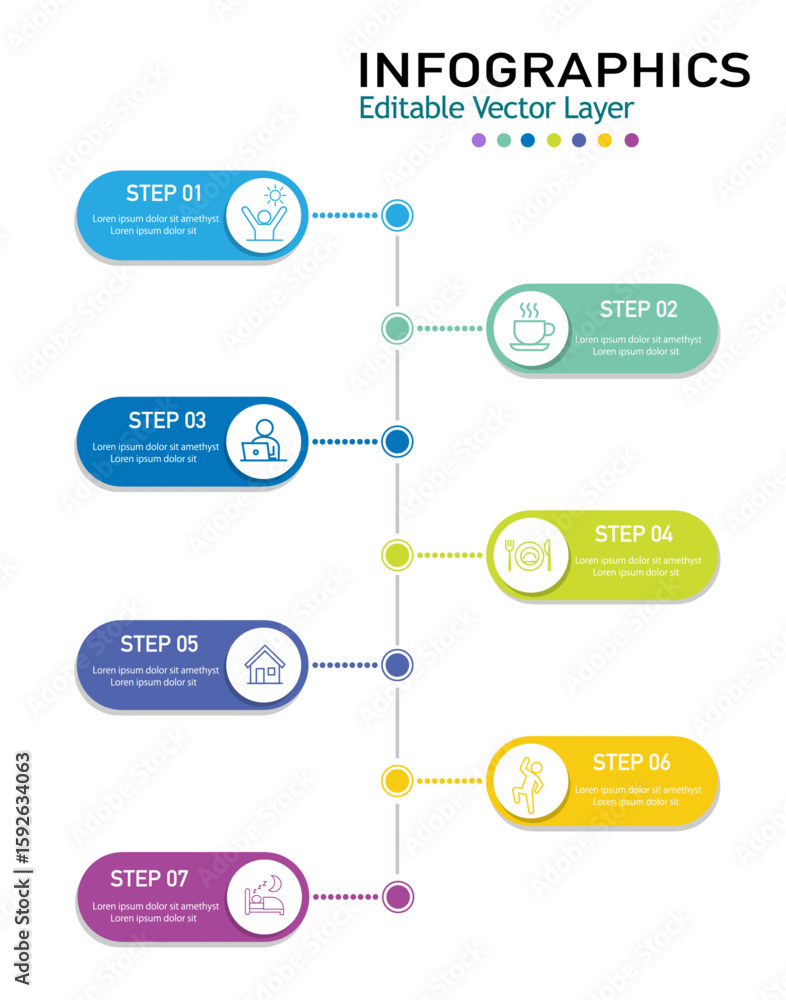 Modern vertical process infographic vector with seven colorful steps ...