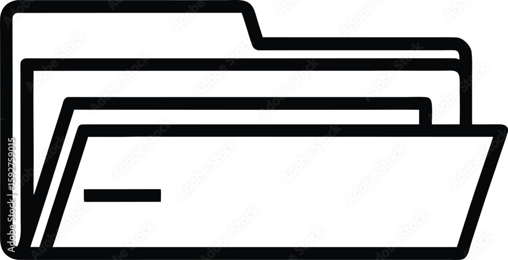 Black and white line art icon of an open file folder with multiple ...