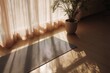 © Yus - Sunlight streams through sheer curtains onto a yoga mat