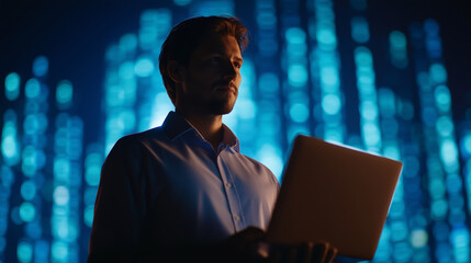 Wall Mural - cybersecurity analyst in front of dark screens with code