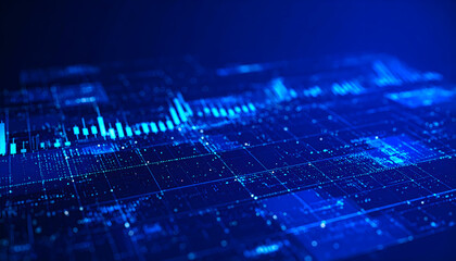Blue electronic circuit board background with microchip and digital technology design