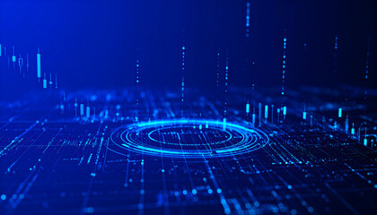 Blue electronic circuit board background with microchip and digital technology design