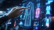 © David - A woman's hand interacts with a holographic display showing digital dress designs and data visualizat
